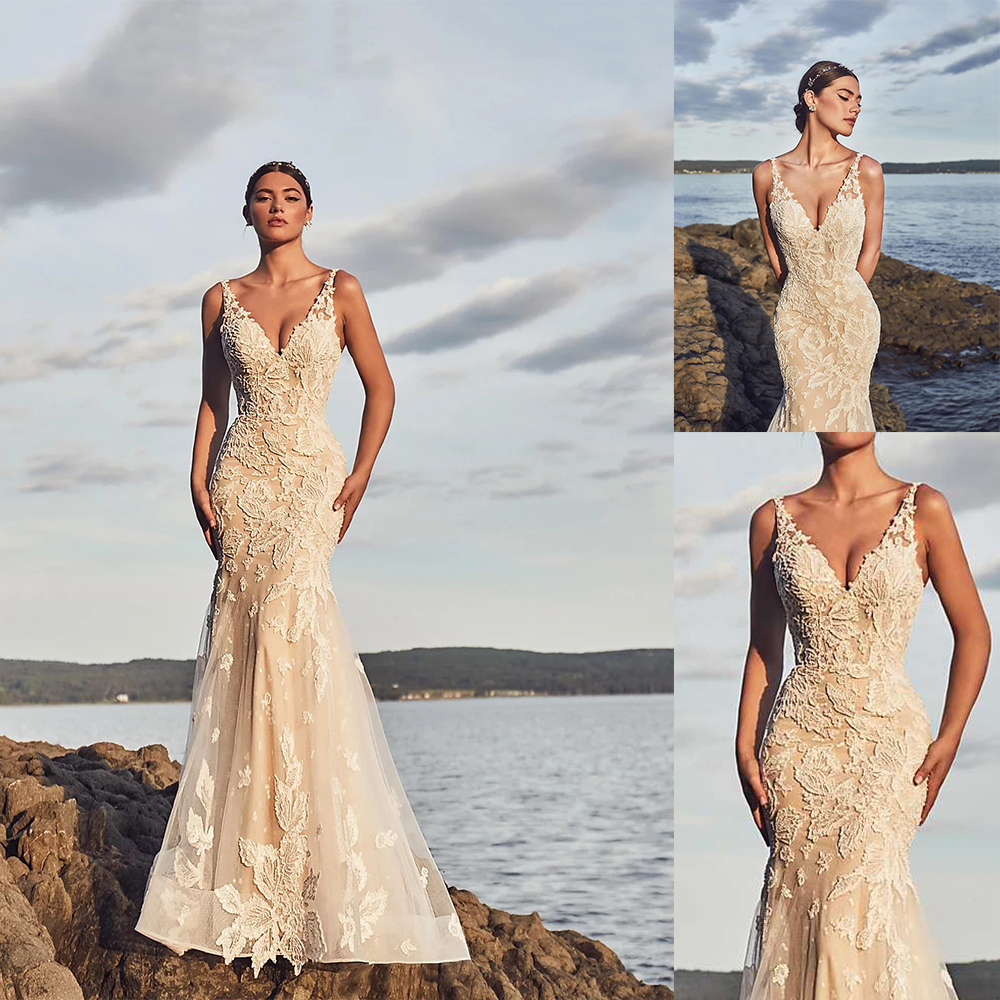 

2020 Champagne Mermaid Wedding Dresses V Neck Appliqued Sleeveless Bridal Dress Ruffle Sweep Train Custom Made Vestidos De Novia, Pink