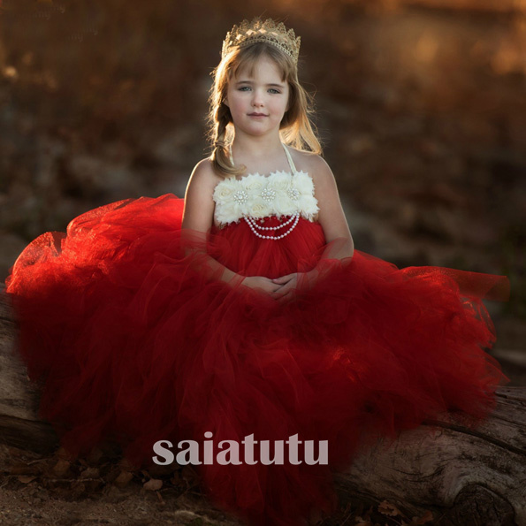 

Girls red Flowers Wedding Tutu Dress princess party Children 20121 Handmade Tulle Costume Kids Formal Ball Gown Birthday Cloth, White