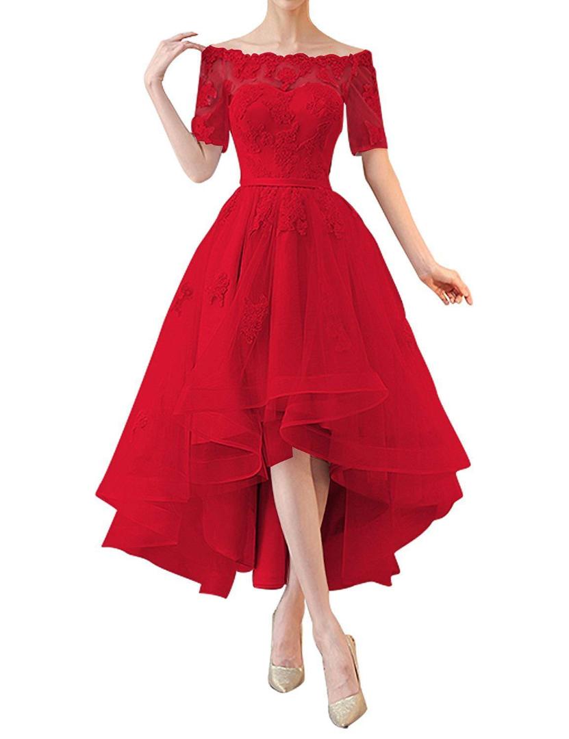 

BGW New Red Boat Neck Off Shoulder Half Sleeves A Line High Low Tulle Evening Dresses Appliques Formal Party Dress, Blue