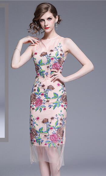

Crew neck sleeveless Flora embroidered gauze dress women lace dresses street style dresses summer sheath knee-length sleeveless, Pink