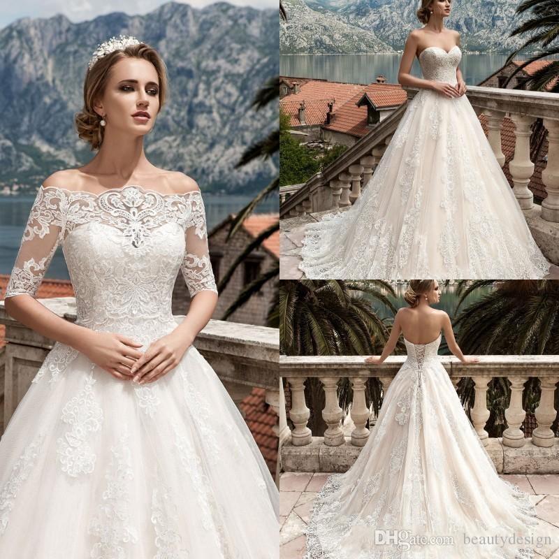 

Vintage Off Shoulders A-line Wedding Dresses Lace Short Cap Sleeves Corset Back A-line Corset Back Bridal Gowns with Sweep Train, White