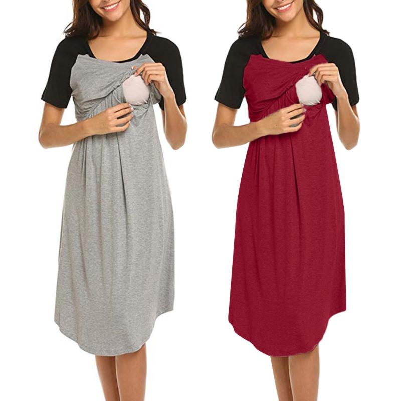 

Women Patchwork Maternity Dress Summer O Neck Nursingnightgown Breastfeeding Nightshirt Sleepwear Vestidos Para Embarazadas, Gray