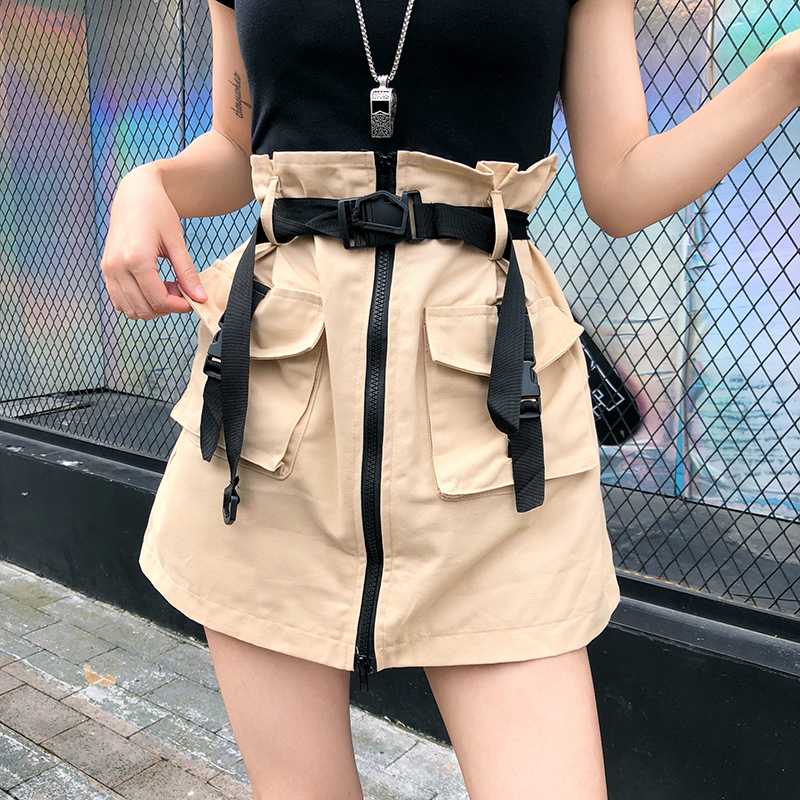 

Lucyever High Waist Women Safari Skirt Vintage Summer Black Zipper Ladies Mini Skirt Belt Tunic Pocket Casual Solid Female