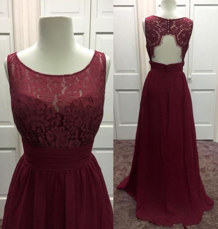 

Fashion Burgundy Lace Bridesmaid Prom Dresses Jewel Neck Keyhole Back Empire Ruched Long Wedding Guest Evening Formal Dress