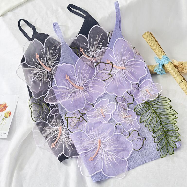 

2020 Summer Women's Flower embroidery mesh stitching sling Tops Patched Floral Sexy vest Tops For Female p558, Blue
