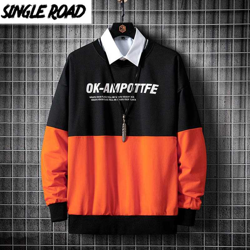 

SingleRoad Mens Crewneck Sweatshirt Men 2020 Orange Patchwork Oversized Japanese Streetwear Hip Hop Hoodie Sweatshirts Hoodies, Orange sweatshirt