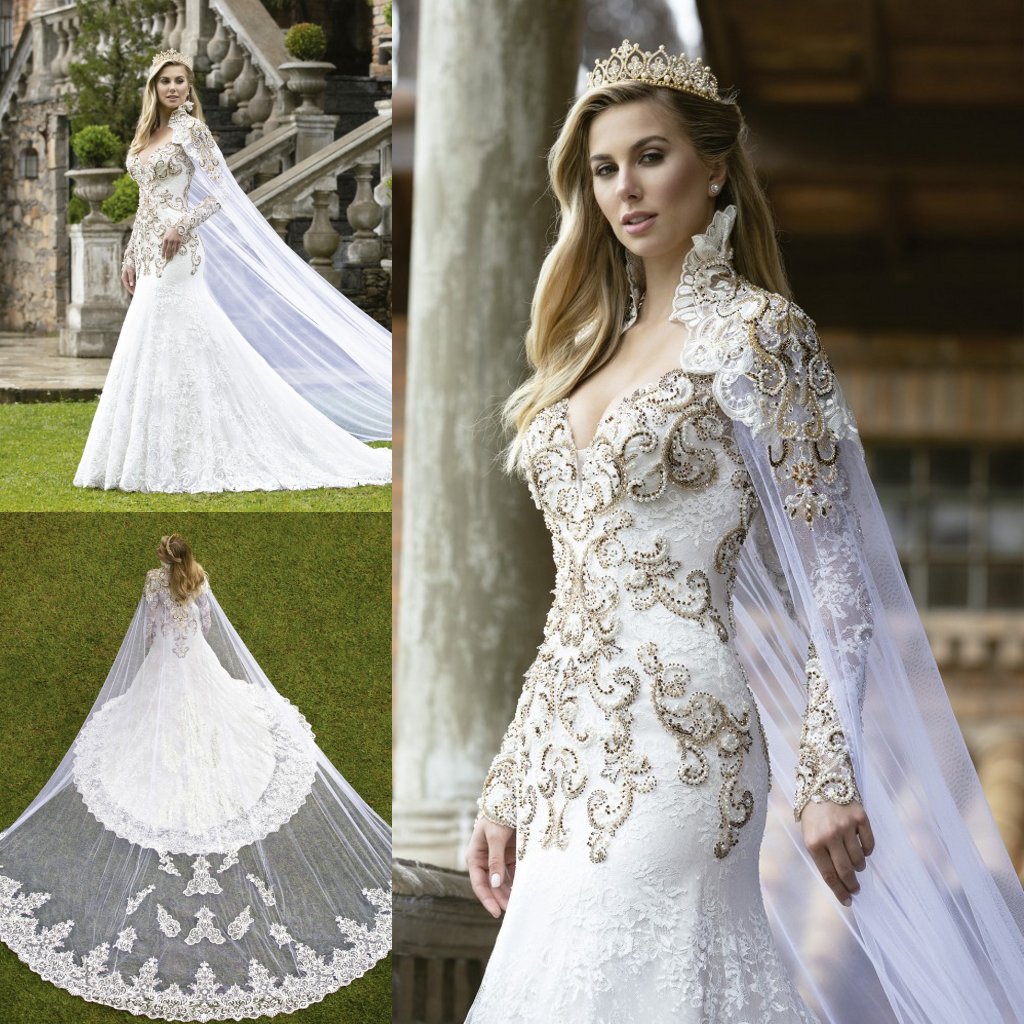 

Royal Wedding Dresses With Wrap 2020 Long Sleeve Lace Appliques Bead Country Bridal Gowns V Neck Modest Wedding Dress Vestido de Novia, White