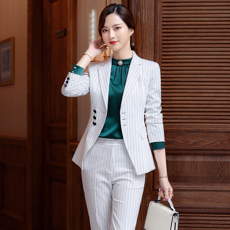 

Professional women' pants suits two-piece suit 2020 new temperament Slim white striped jacket Office skirt suit feminine, Black skirt