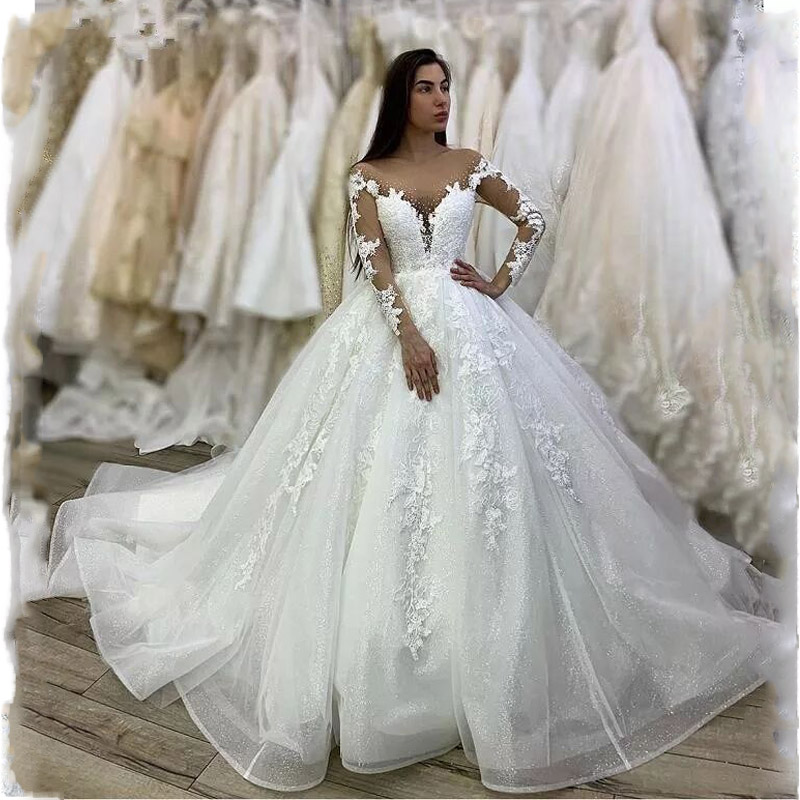 Blanc Tulle Robes de Mariée Princesse robe de bal Appliques Longueur étage Robes de mariée Party Foraml Plus Size Vestidos de Noiva 2020
