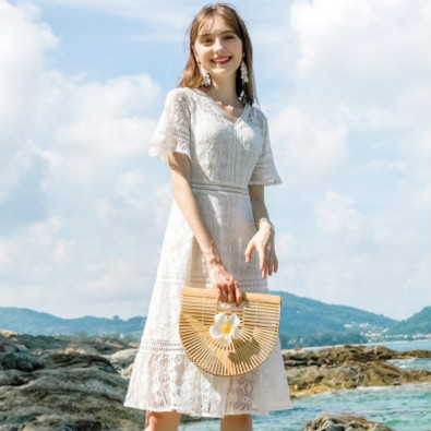 

Women Designer Dresses Summer Fashion V-neck Solid Color A-line Dresses Womens Luxury Lace Dresses Beach Dress Hot Sale, White