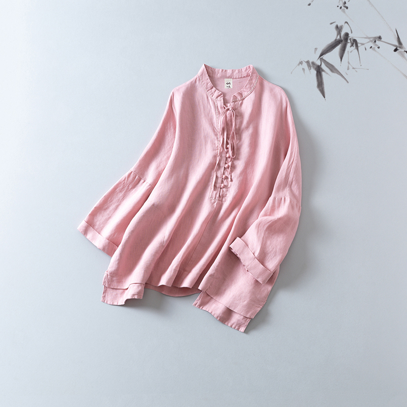 

Simple art under ink pure tie loose shirt plain temperament thin linen material top female, White