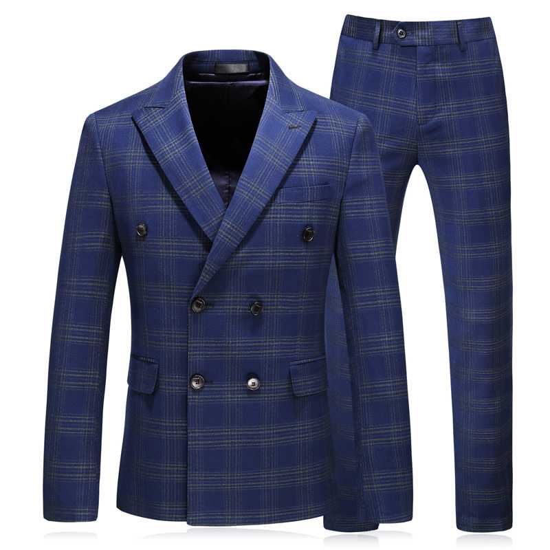 

Men Plaid Suit Double Breasted Wedding 2020 Tuxedo Groom Formal Mens 3 Pieces Plus Size 5XL Blue Male Suits Prom Suits, Tu se