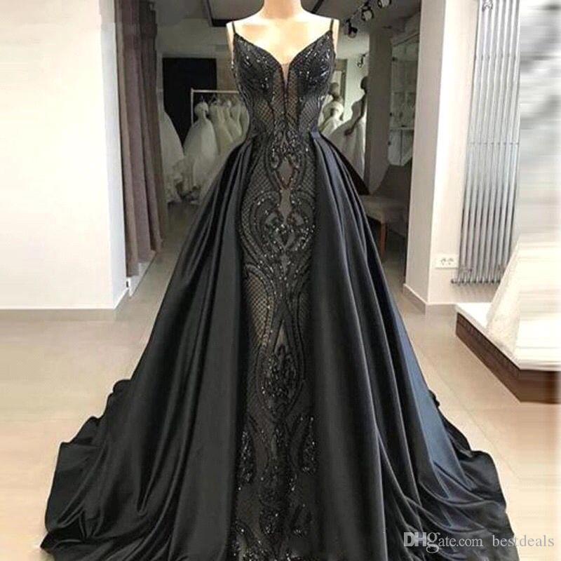 

2020 Vintage Black Long Evening Dresses Spaghetti Straps Lace Mermaid Satin Over skirts Floor Length Party Prom Gowns, Same as picture