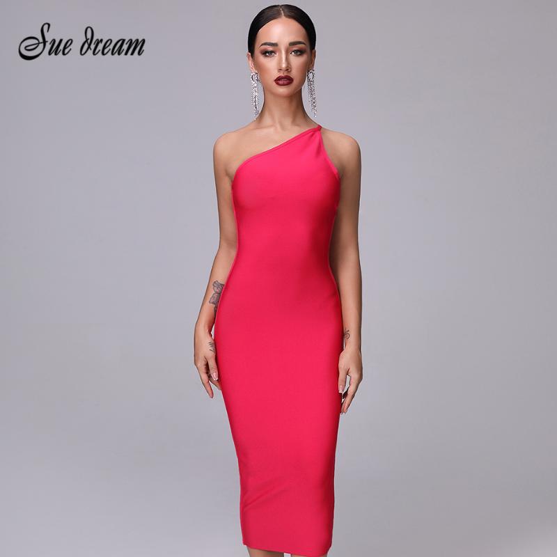 

2020 Autumn New Rose Red Sexy Chic One-Shoulder Halter Dress Party Celebrity Women'S Wholesale Bandage Christmas Dress Vestidos, Black