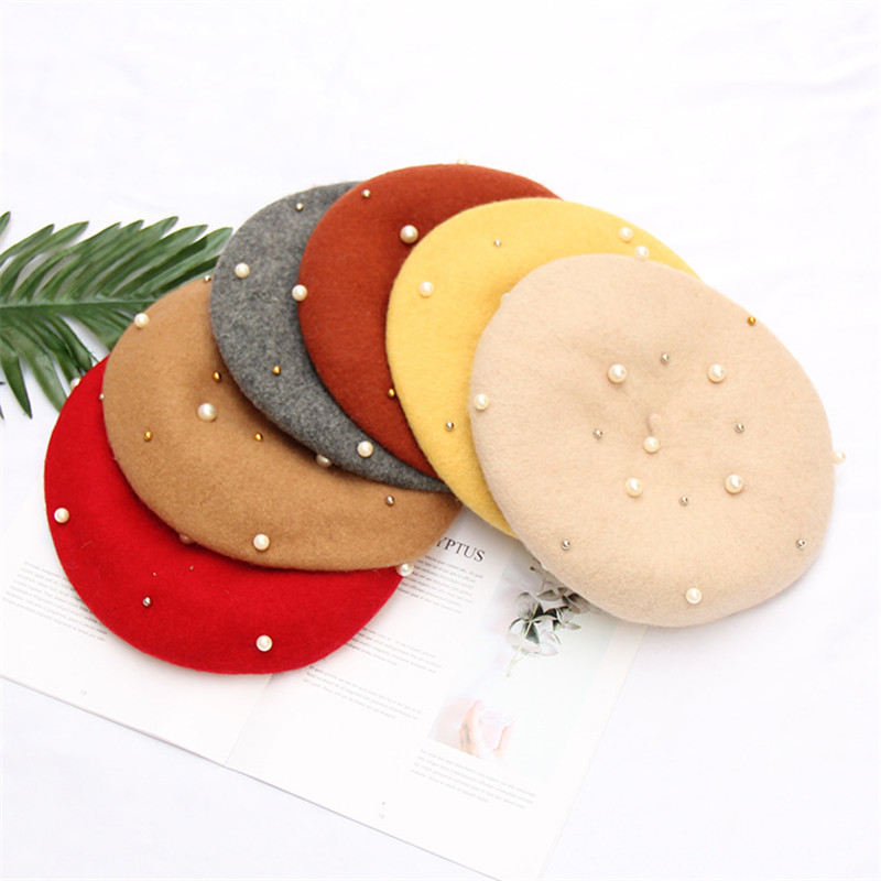 

Berets Women's Cashmere Beret Hat Winter Wool Pearl French Artist Cap For Femme Solid Hats Boinas Para Mujer G058, Red