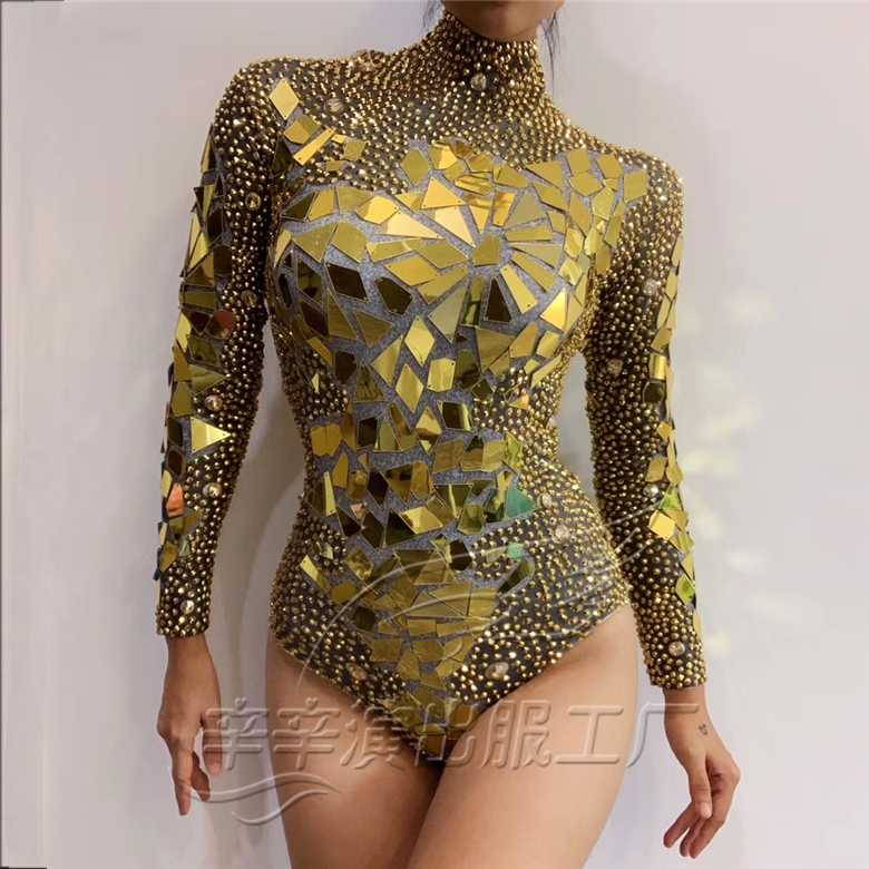 

Rhinestone Dress Women Birthday Bright Sexy Costume Shining Gold Sequins Prom Celebrate Bling Mirrors Bodysuit Evening Outfit
