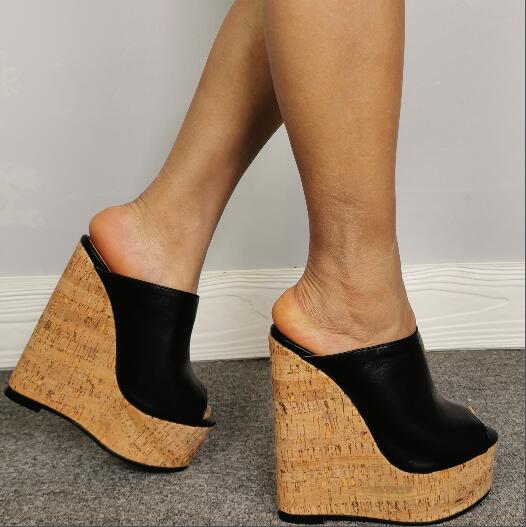 Filles pas cher noir PU Peep Toe plate-forme compensées pantoufles sandales Super talons sans lacet décontracté confortable pompes chaussures