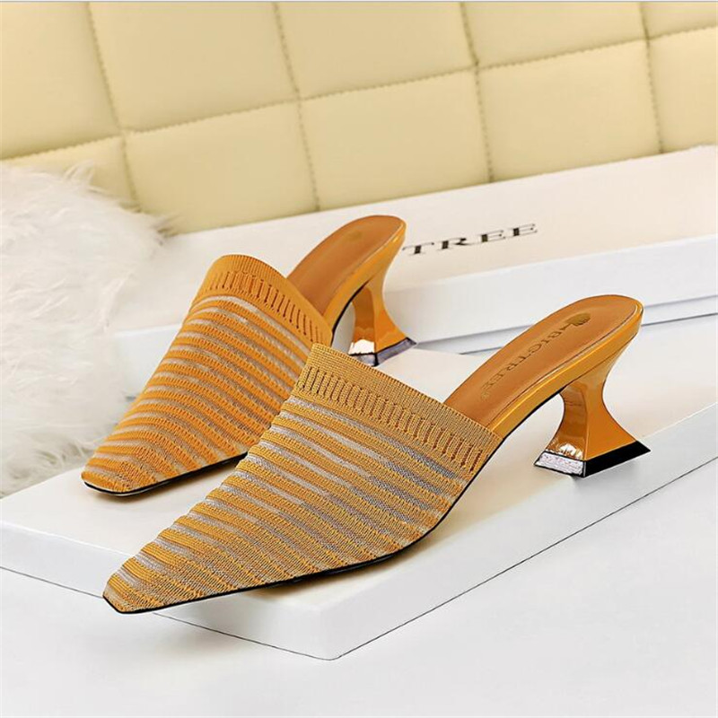 

BIGTREE Knit Mesh Breathable High heels Mules slippers 2020 summer shoes women Pointed Toe Thin Heels Fashion Party ladies shoes, Black