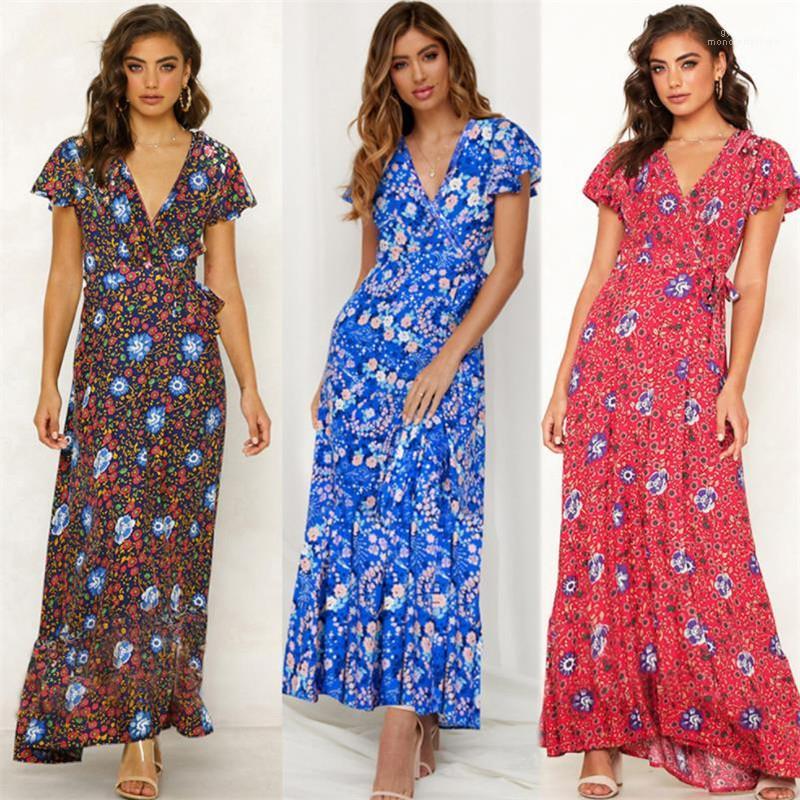 

Long Beach Dress Summer Women V-neck Casual Floral Designer Clothes Dresses Boho Maxi