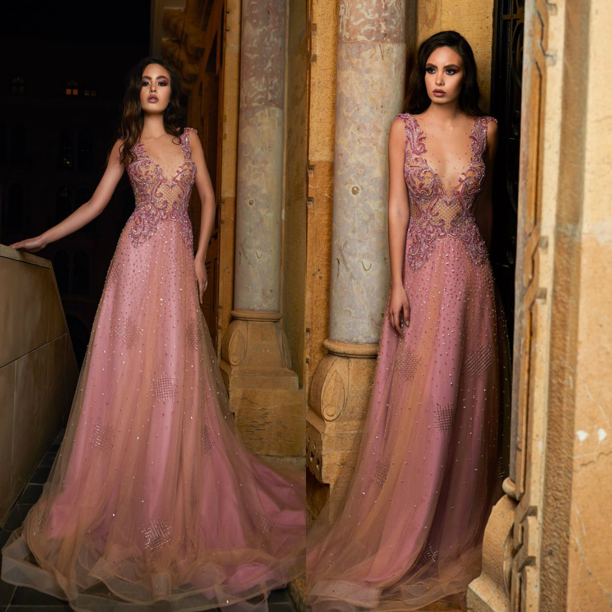 

Tony Chaaya 2020 Beaded Prom Dresses A Line Lace Appliques Illusion Evening Gowns Custom Made Sweep Train Formal Party Dress, Light yellow