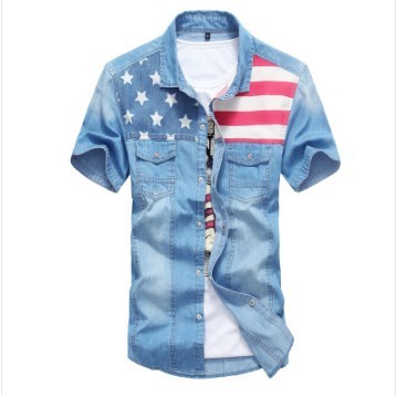 

T Shirts for Men Summer New Denim Shirt Double Pocket Stitching Color Designer Men Shirt Short Sleeve Jeans Shirt, Light blue