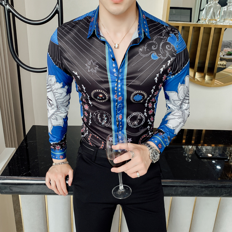 

2020 Fashion Casual Shirts Royal Blue Print Men Shirt Long Sleeve Slim Fit Shirts Streetwear Clothes Camisa Social Masculina 4XL, Black