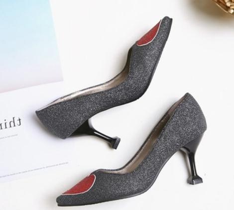 

2019 Women's shoes in Spring and Autumn with New style High heel fine heel pointed end sequined cloth#196, Black