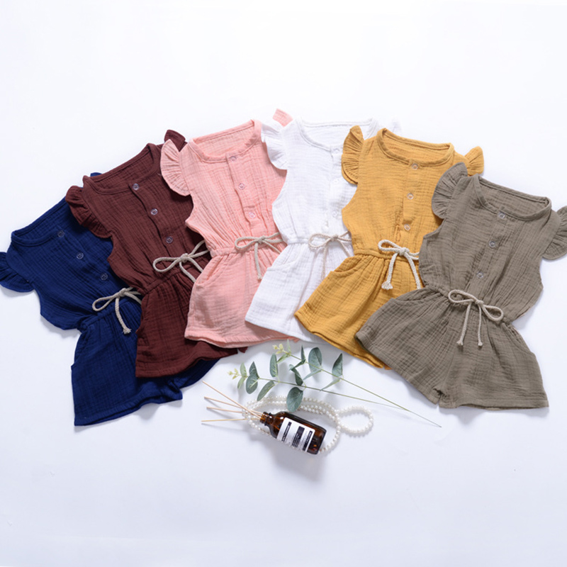 

6 Styles Summer children's clothes small flying sleeves jumpsuit shorts one with solid color open a row of buttons children's wear M076, As photo