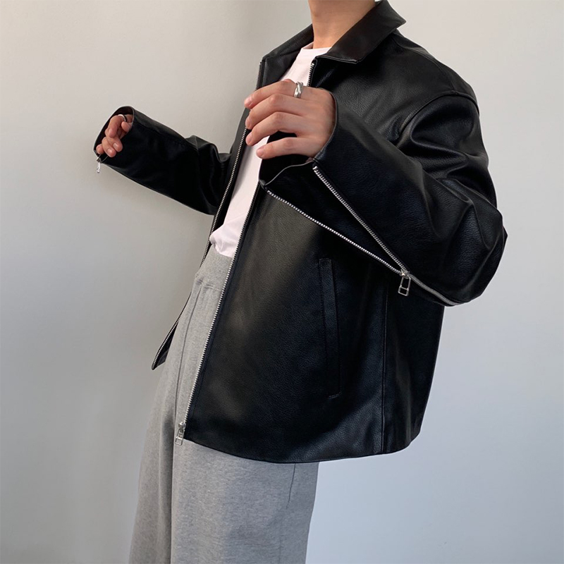 

Male Japan Korea Streetwear Coat Outerwear Men Vintage Casual Zipper Sleeve Loose Short Style Leather Jacket Overcoat, J116