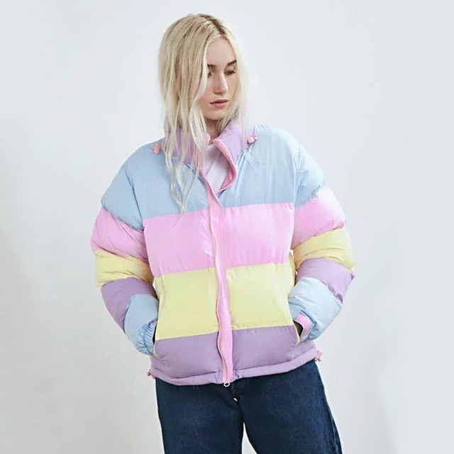

Women' Rainbow Stripe Patchwork Hooded Parkas 2019 Autumn Winter Female Fashion Outwear Ladies Warm Thick Solid Down Jacket