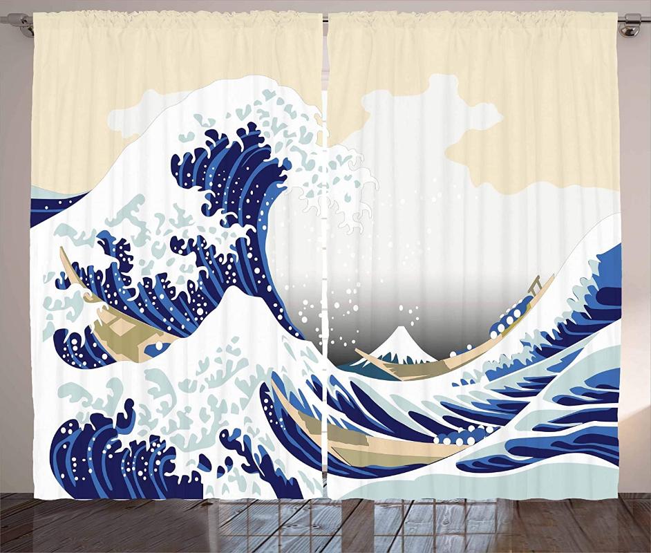 

Wave Curtains Hokusai Pattern Japanese Ukiyoe Themed Oriental Sketch Style Ocean Living Room Bedroom Window Drapes Yellow Blue, As pic
