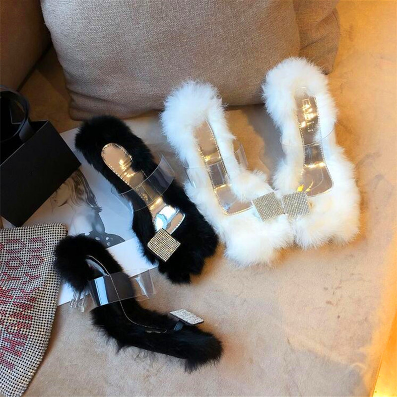 

Fashion sexy lady square toe high heel black white rhinestone decoration fur high heel summer lady slippers