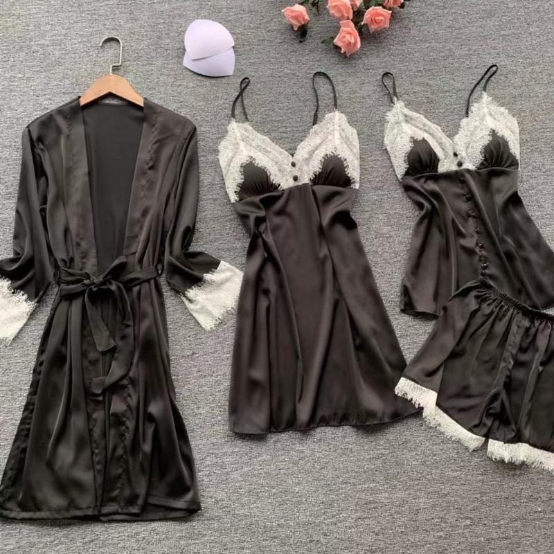 

Pajamas Women's Sexy Pajamas Four-Piece Spaghetti Strap Women's Leisure Set with Chest Pad Nightgown sexy sleepwear, Black