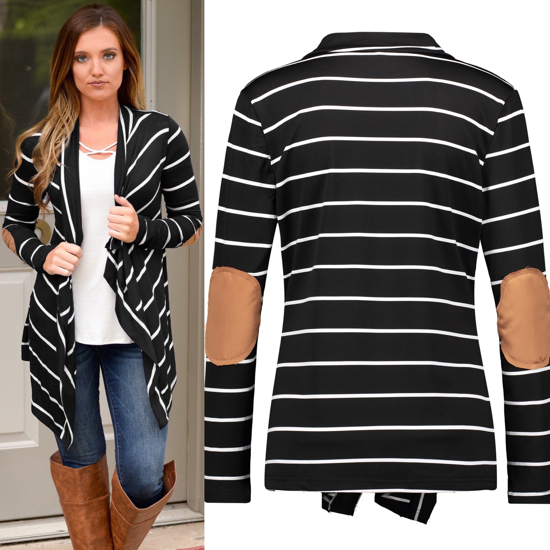 

hot sale Fashion Autumn Outerwear Women Long Sleeve Striped Printed Cardigan Casual Elbow Knitted Sweater Accurate size Drop Shipping, White