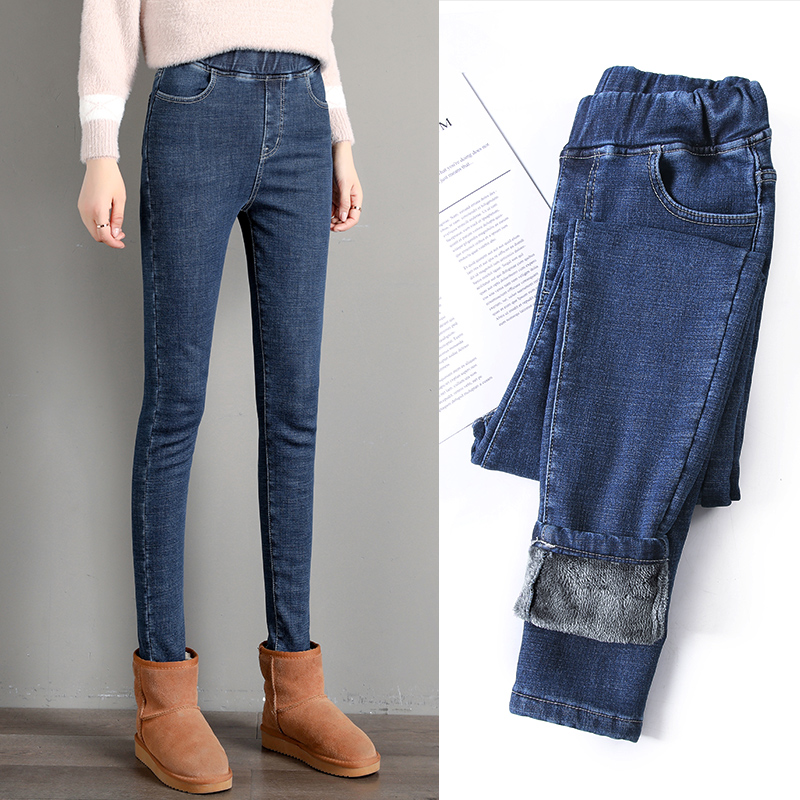 

Winter Women Thick warm Fleece Skinny Jeans trousers High waist Stretch Female Solid color Plus velvet casual Denim Pencil Pants, Black jiarong
