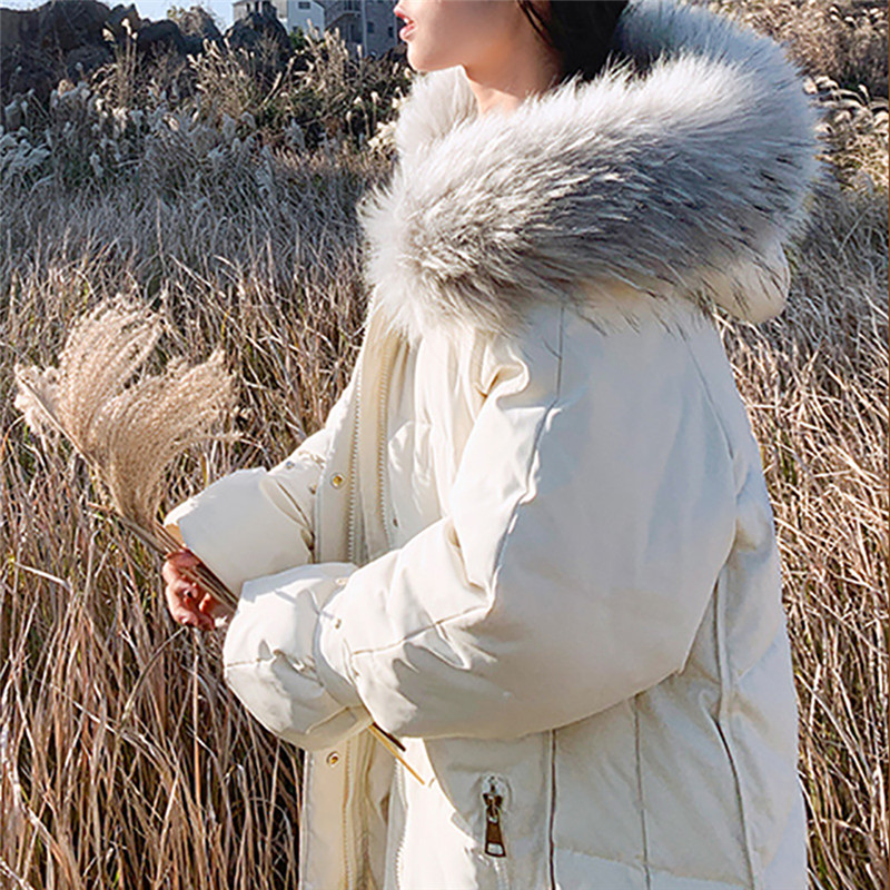 

Winter coat female 2019 new long jacket version solid color fur collar hooded Parker warm thickening plus size cotton clothes, Black