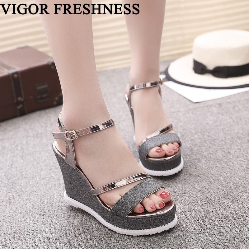 

VIGOR FRESHNESS Sandals Women Wedges Shoes Platform Summer Women Sandals High heels Bling Shoes Wedding Party WY484, Black