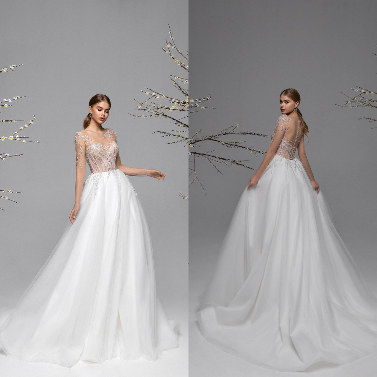 2021 Illusion Corsage Robes De Mariée Manches Longues Bouton Retour Robes De Mariée Sur Mesure Perles De Dentelle Balayage Train Robe De Mariée A