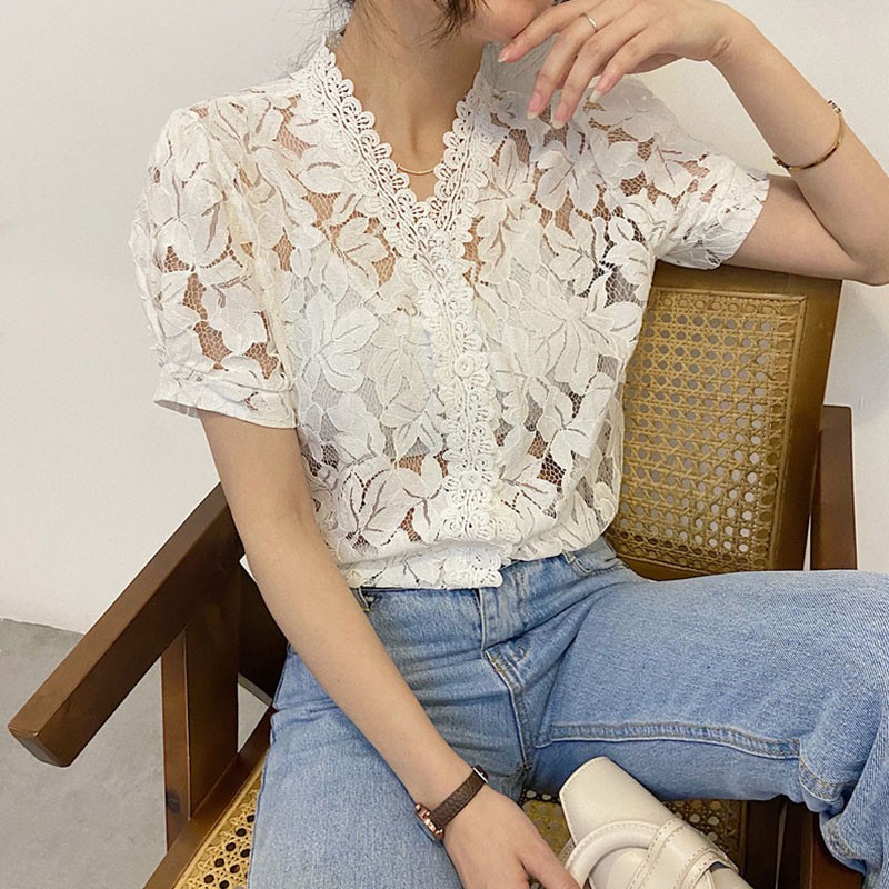 

Summer V-neck Blouses Fashion Puff Sleeve Shirts Womens Lace Blouse Shirts, White