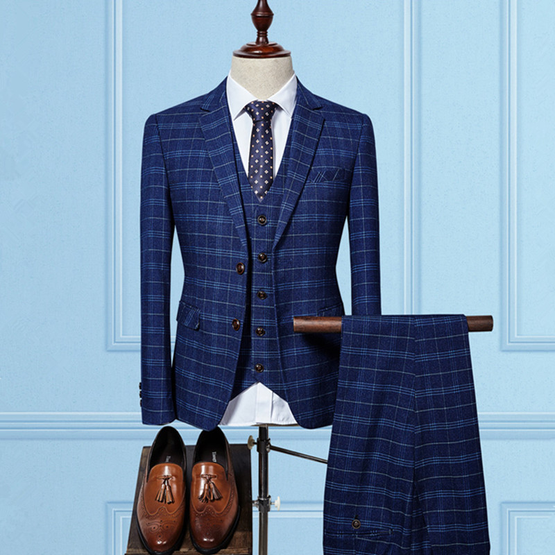 

Men' suit men' business self-cultivation check single-breasted suit 3-piece blazer + pants + vest high-end casual, Black