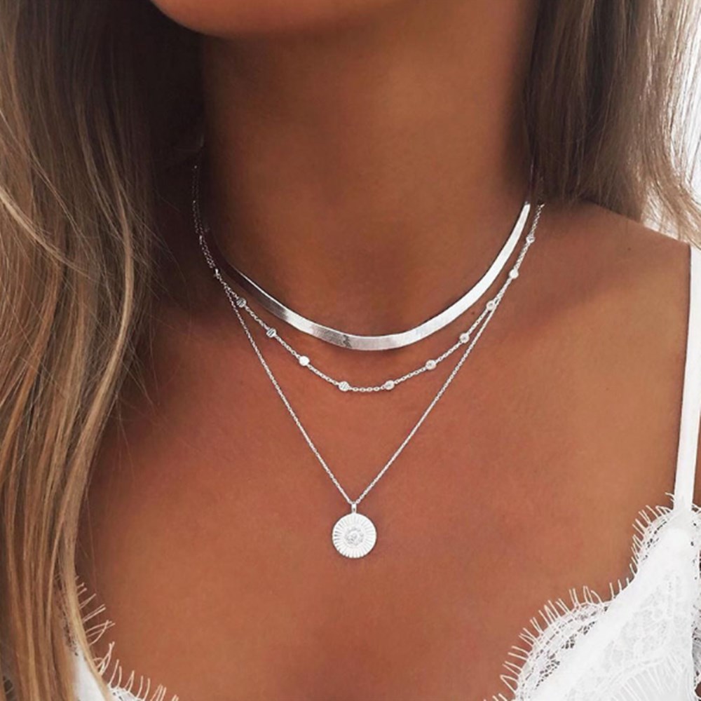 Multilayer Necklace Women Geometric Necklaces Jewelry Long Chain Gold Silver Colors Simple Korean Trendy Personalized Metal Collares