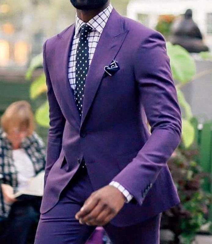 

New Men' s 2 pieces Suit Purple Formal Lapel Slim Fit Tuxedos Two Button Flat Groomsmen blazer For Wedding (Blazer+pants