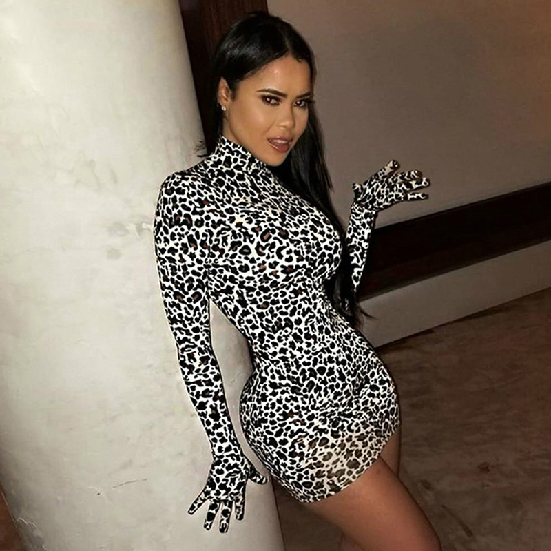 

February Brand Designer Simenual Leopard Sexy Women Party Dress With Gloves Long Sleeve Skinny Clubwear Fashion Bodycon Mini Dresses Slim