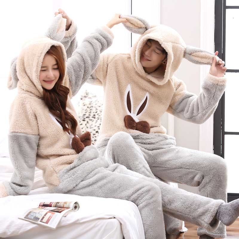 

Unisex adult couple pajamas men winter velvet sleepwear 2 pieces warm flannel pajamas set animal cartoon cute home clothes V191213, White