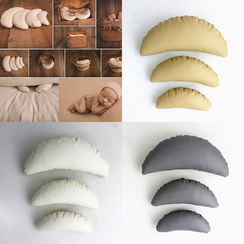 

3pcs Baby photography moon pillows PU leather newborn costume baby photos props basket filler infant toddler boy girl fotografia, White