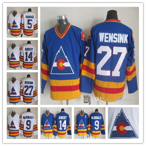 

Cheap Vintage 1980 Colorado Avalanche Hockey Jerseys 9 Lanny McDonald 7 John Wensink 5 Rob Ramage 14 Rene Robert Stitched Fashion Uniforms, 14-blue