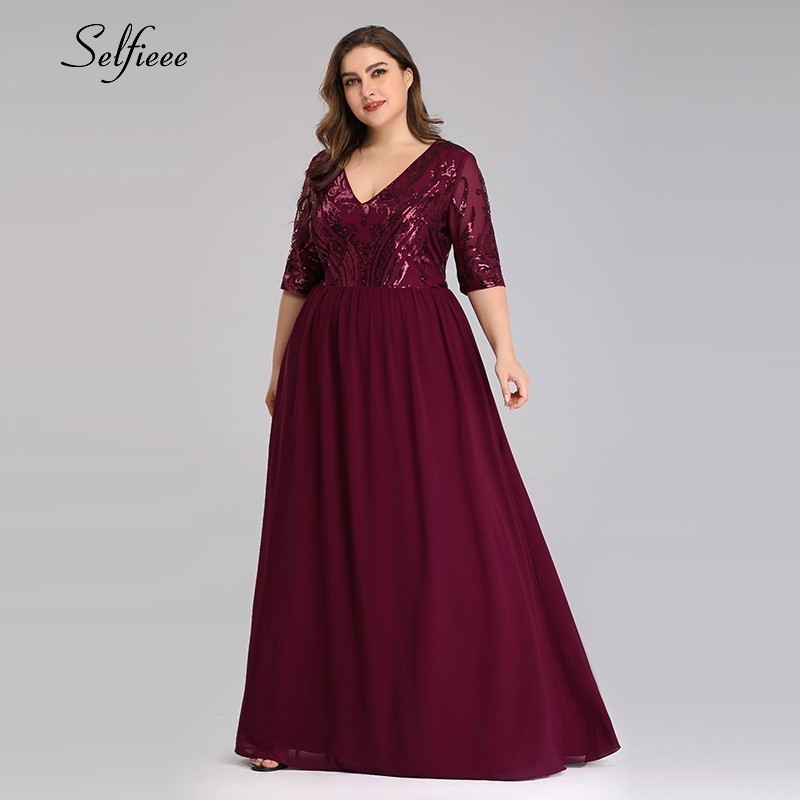 

Robe Femme Elegant Burgundy Sequined Women Dresses Plus Size A-Line V-Neck Half Sleeve Ladies Sparkle Maxi Dresses Zomer Jurk