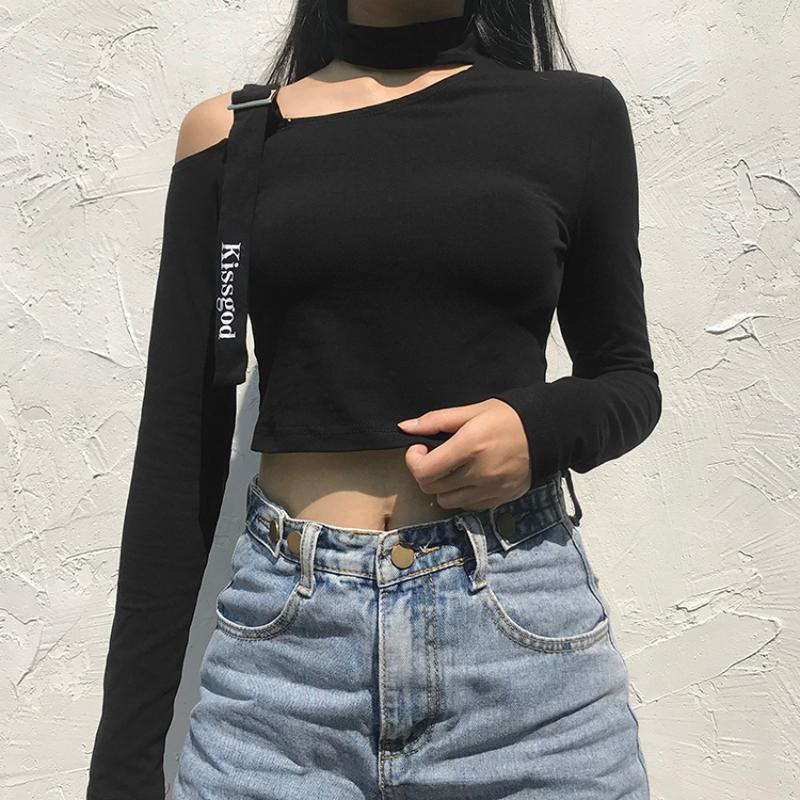 

Lusofie Black Sexy hollow bandage top long sleeve asymmetric collar short T-shirt letter print adjustable shoulder belt top slim, As pic
