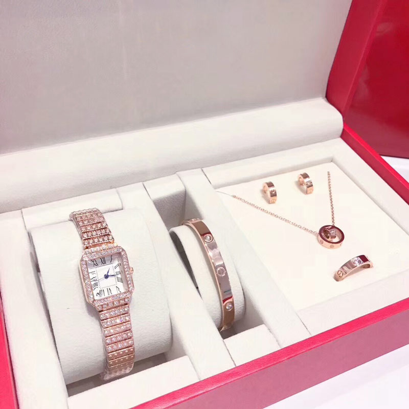 

Fashion women 5 sets include watch necklace bracelet earring ring with box female dress diamond watches for ladies valentine Gift, Slivery;brown