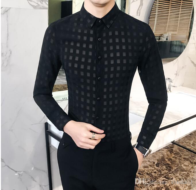 

Mens Sexy Lace Shirts Plaid See Though Design Long Sleeve Casual Spring Night Club Shirt Top Clothing, White